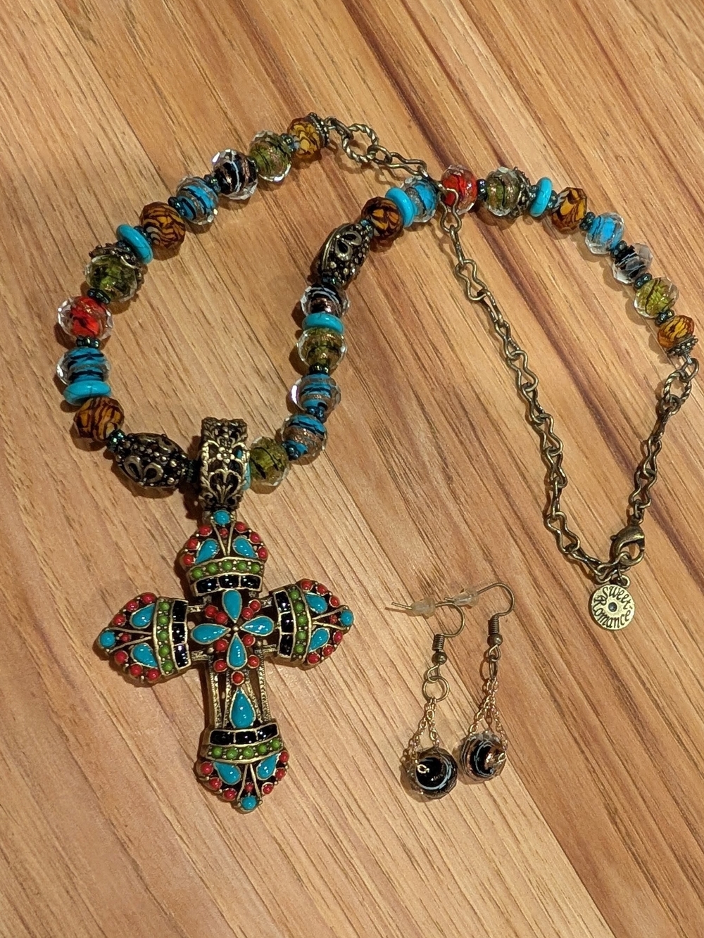 Sweet Romance Turquoise & Multicolor Beaded Cross Necklace with Earrings